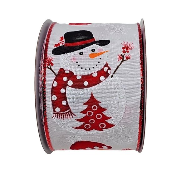 Snowman with Red Scarf Christmas Ribbon 2.5" Wide, 30 Feet - Picture 1 of 3